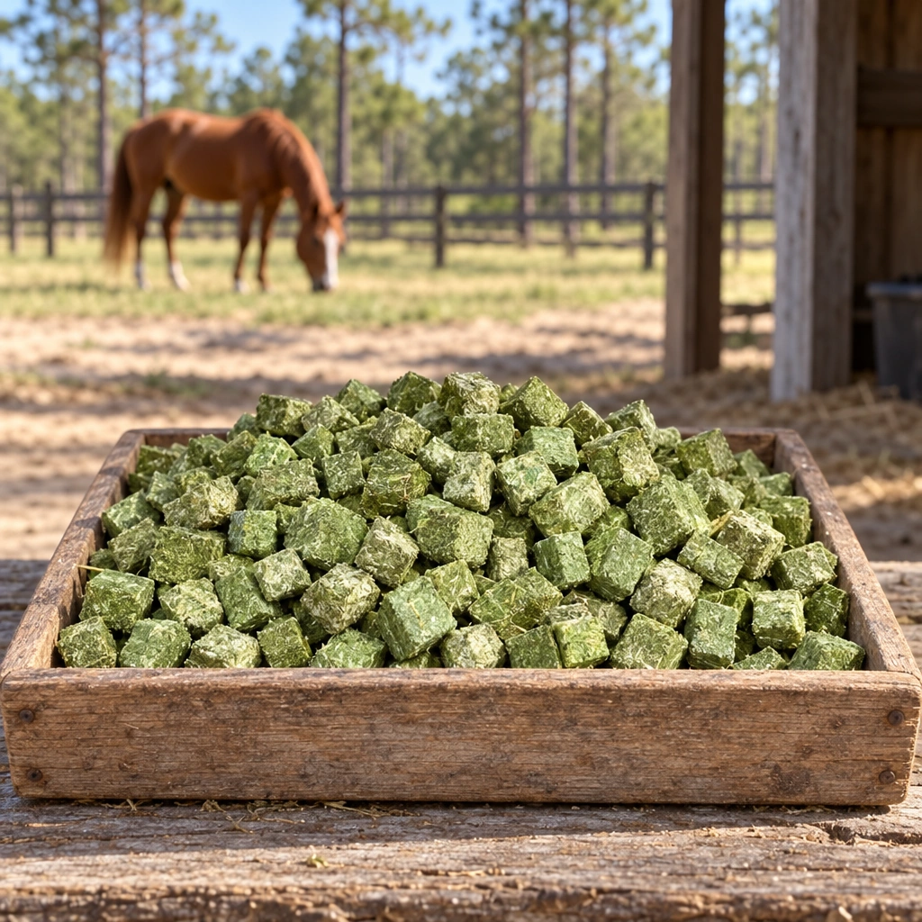 Timothy alfalfa cubes on a wooden display tray in a Northwest Florida horse barn.