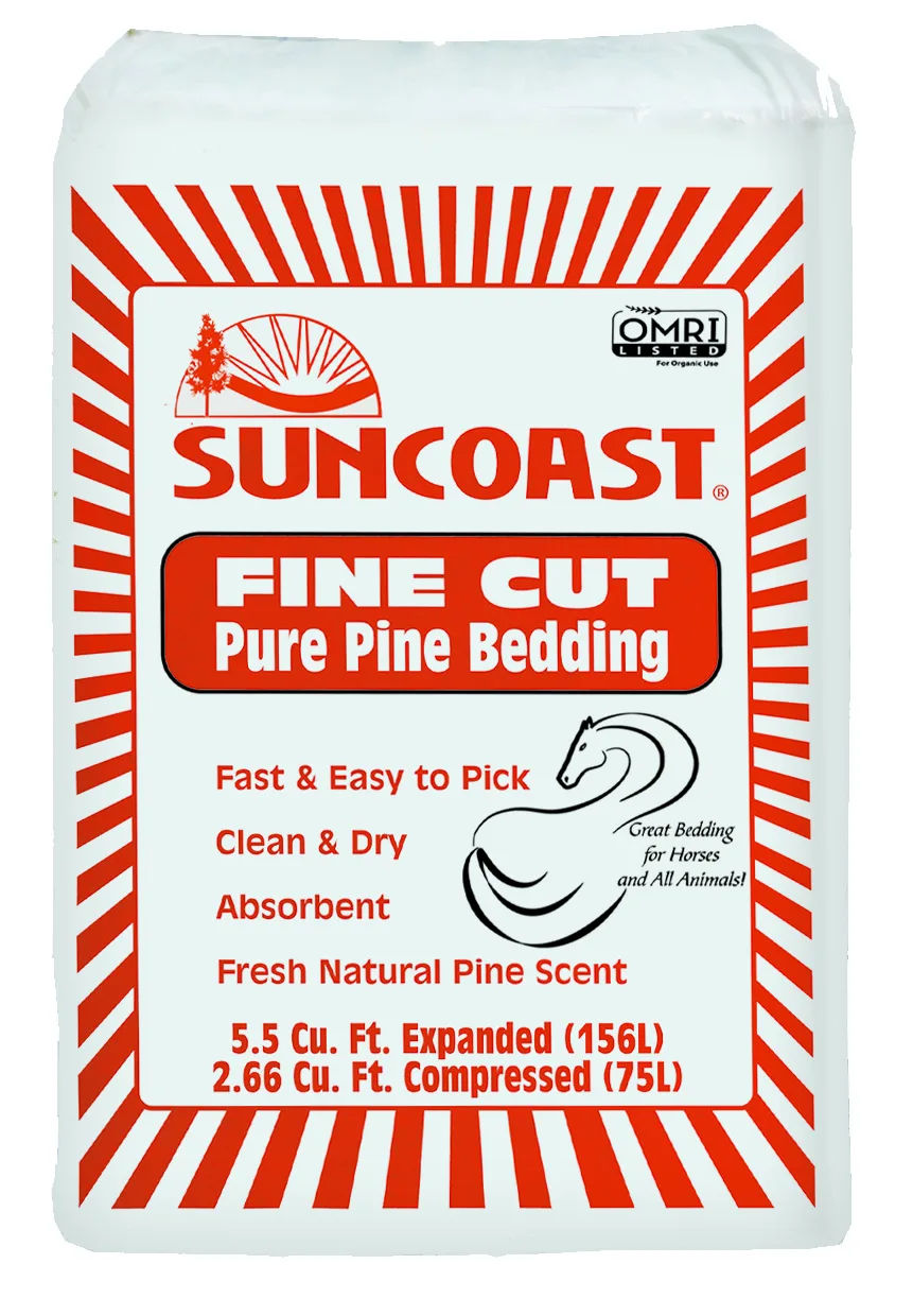 Suncoast Fine Cut Pure Pine Bedding bale, straight-on front on a white background, OMRI Listed