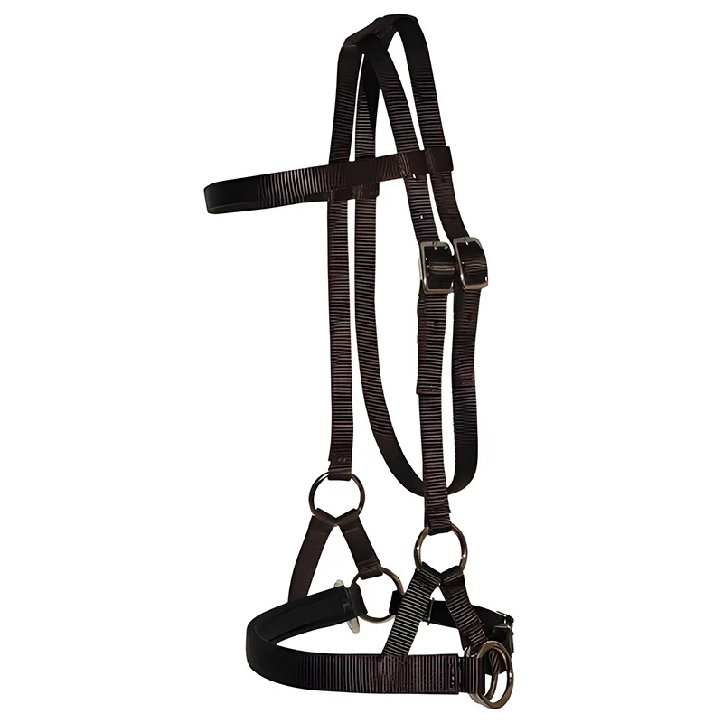 Brown nylon padded nose side pull on a white background, showing the crown, browband, padded noseband, side rings and nickel buckles