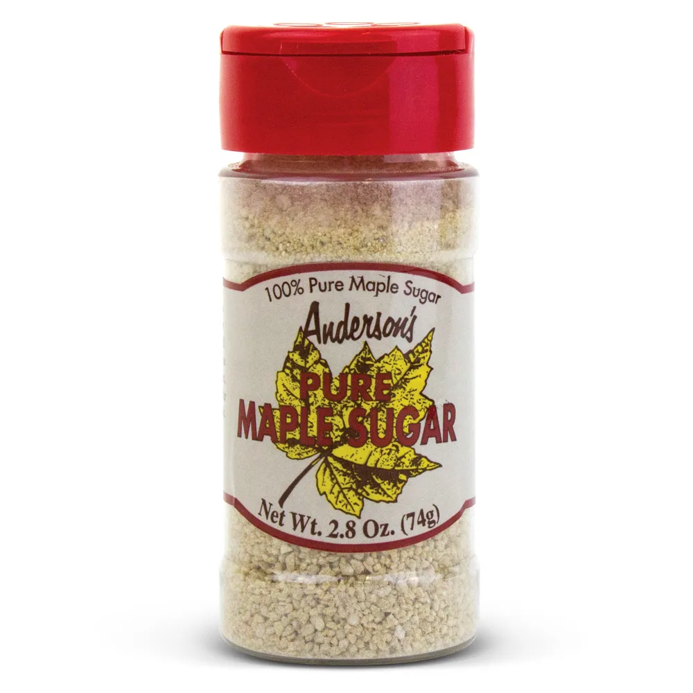 Anderson's Pure Maple Sugar 2.8 oz shaker jar with red cap, front view