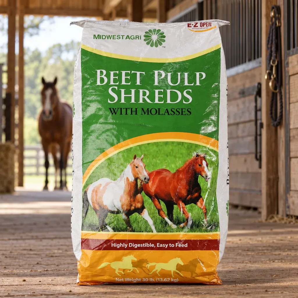 Midwest Agri Beet Pulp Shreds with Molasses bag in a horse barn
