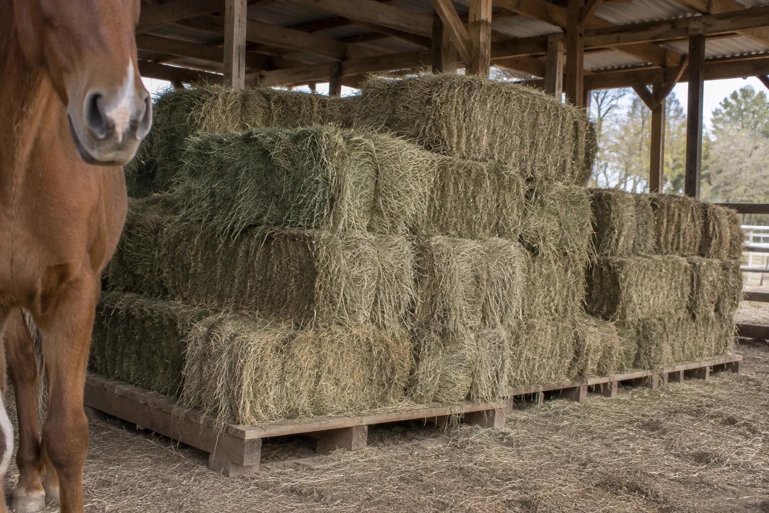 A realistic documentary-style photo of stacked small square horse-hay bales on raised pallets beneath a simple, dry-roofed Florida barn, with a horse’