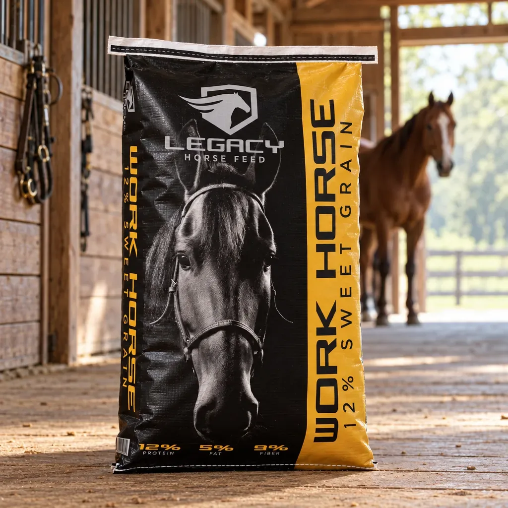 Legacy Horse Feed 12% Sweet Grain feed package in a barn