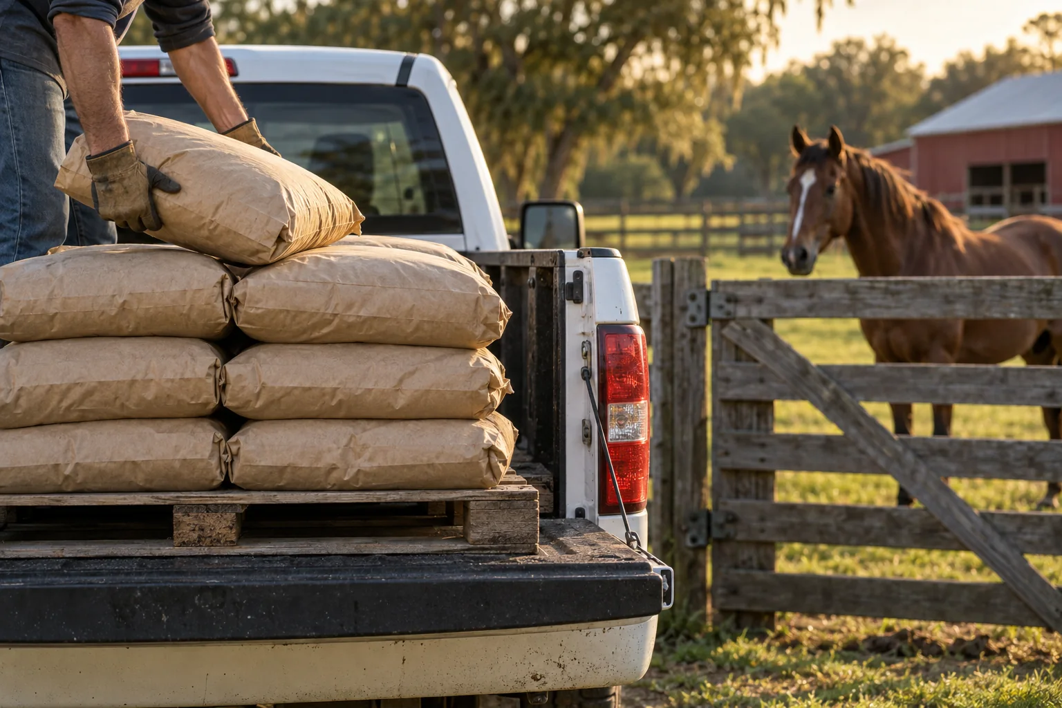 Paper feed sacks on a pallet in the bed of a white pickup backed up to a pasture gate, a horse watching from the fence.