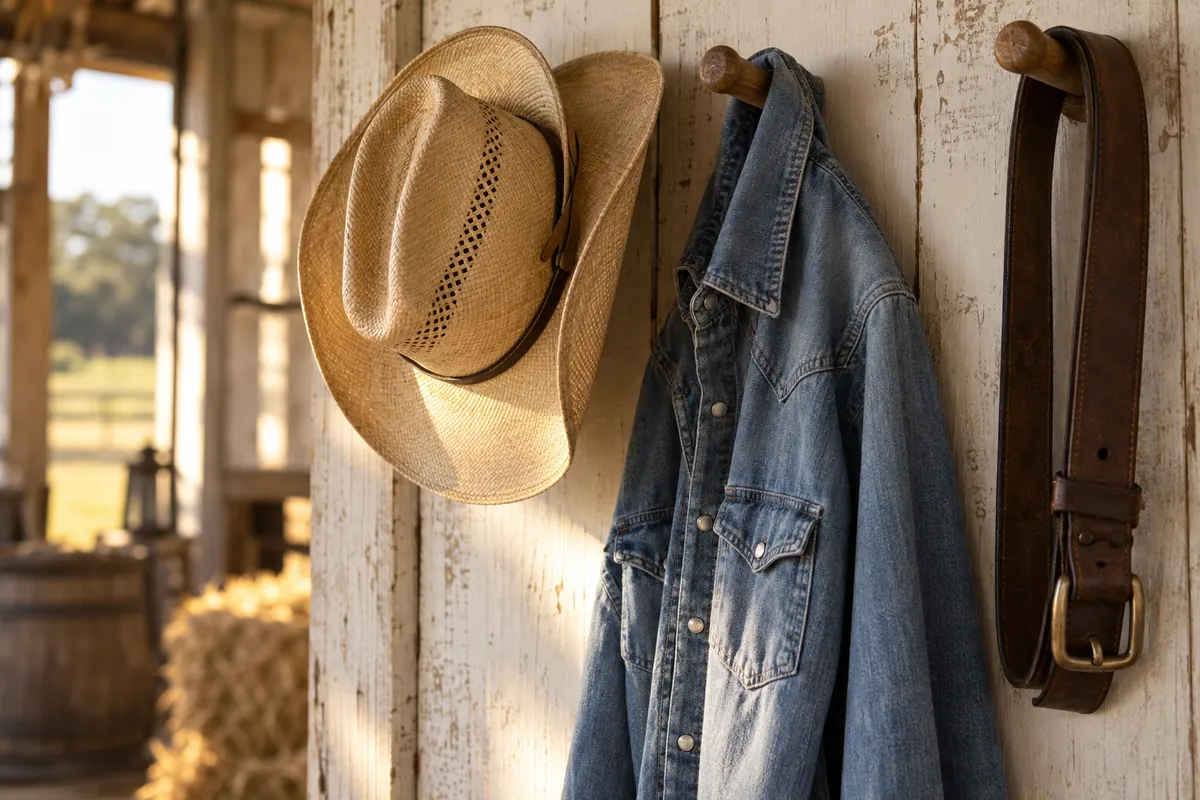 A cowboy hat with a denim shirt and leather belt.