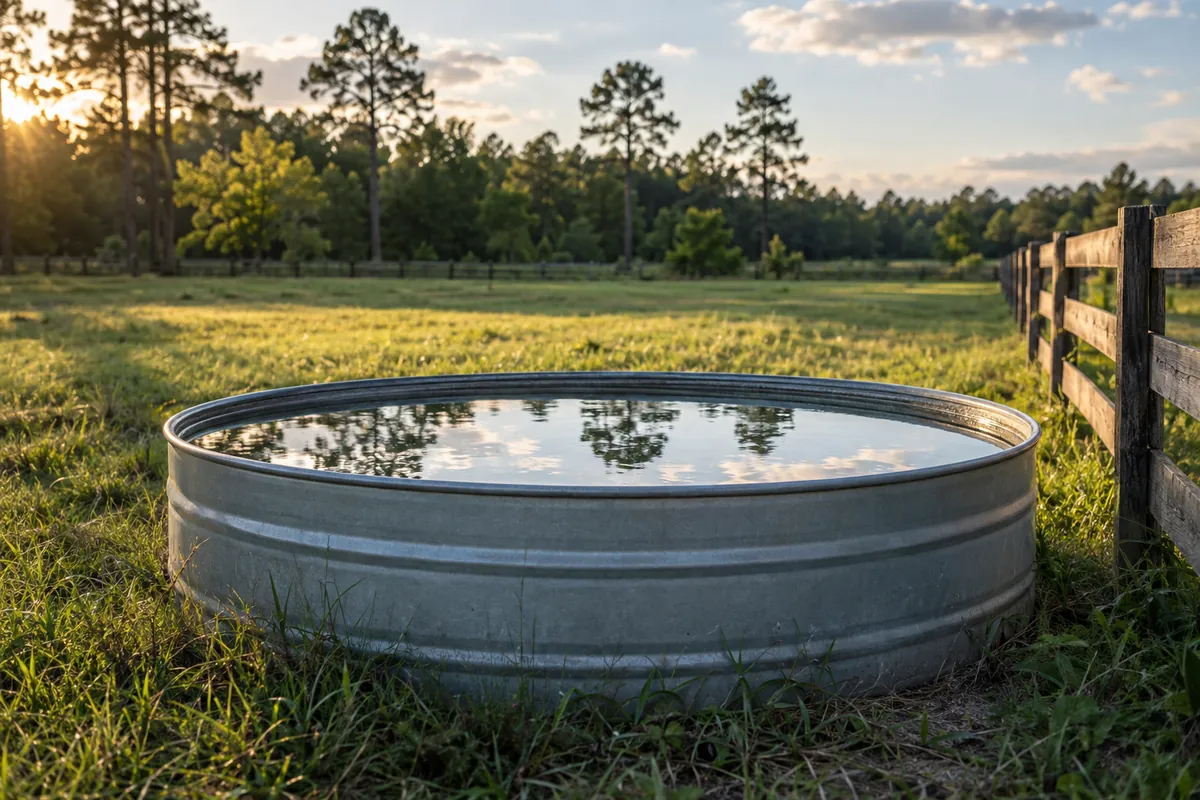 A galvanized stock tank in a green pasture.