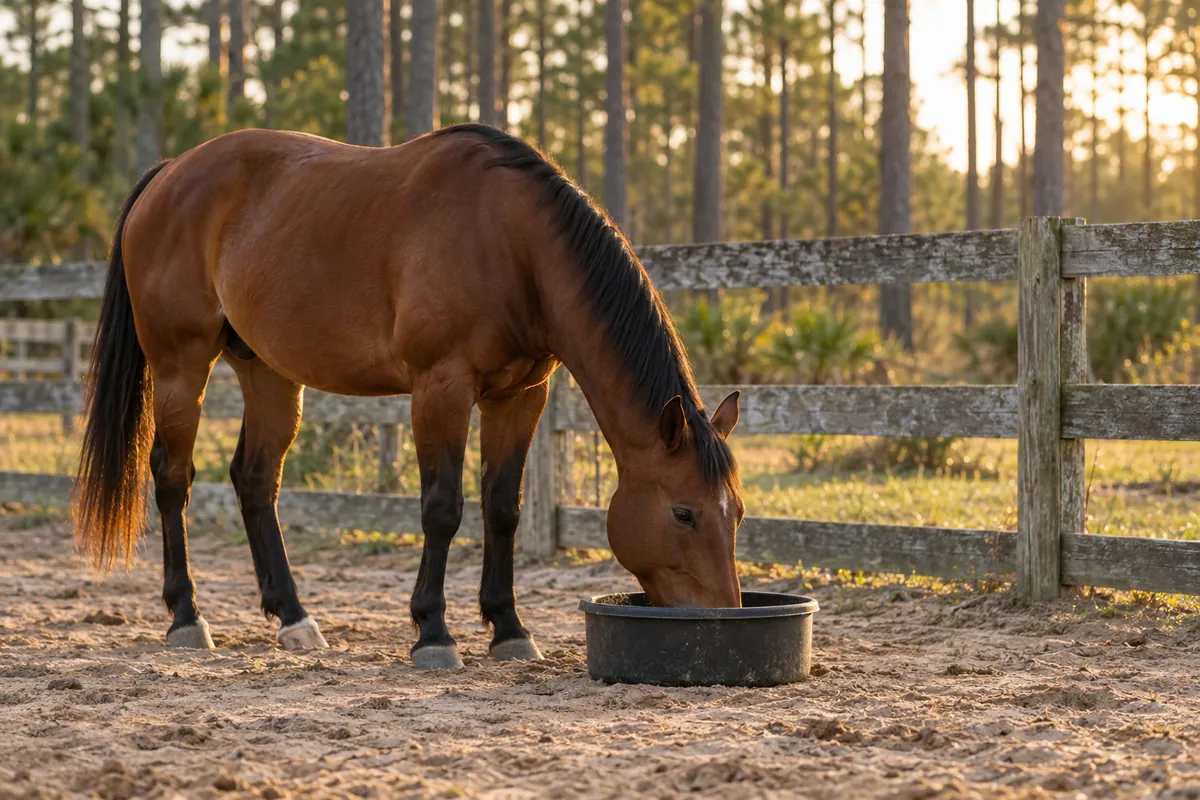 A horse eating from a feed pan beside a paddock fence.