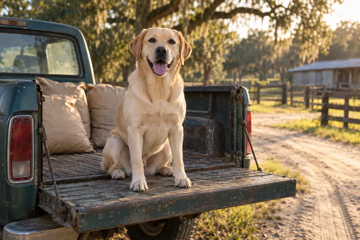 A yellow Labrador sitting on the tailgate of a pickup truck.