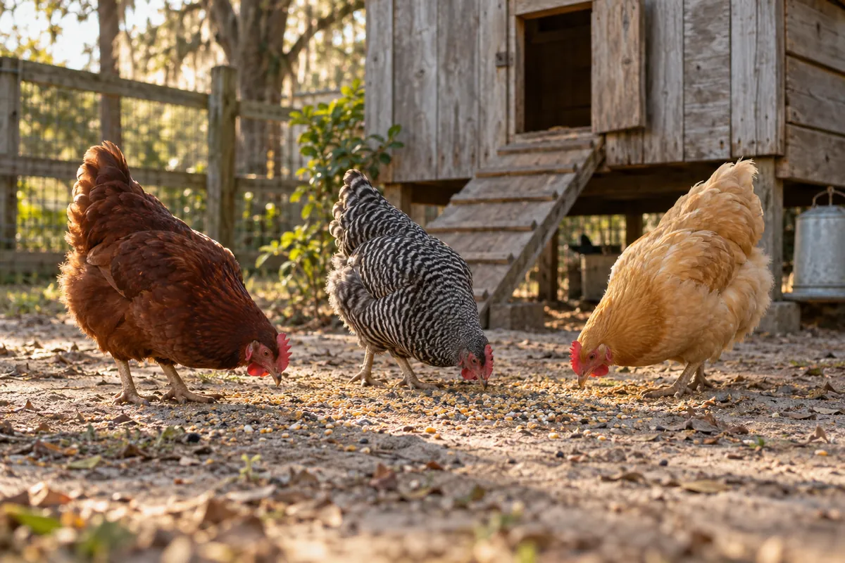 Backyard hens pecking grain beside a wooden coop.