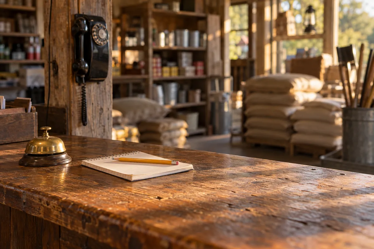 The wooden front counter of a country feed store with a bell and an order pad.