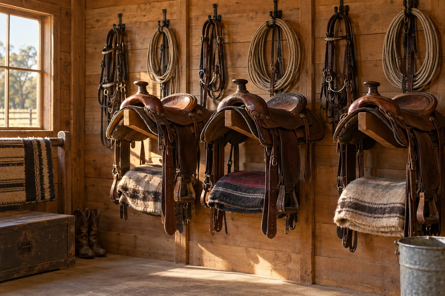 Western saddles with bridles and ropes in a wooden tack room.